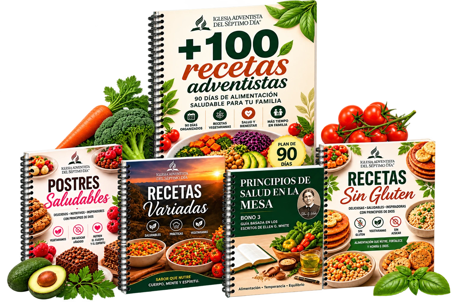 Mockup del Libro, Celular y Recetas del Menú Adventista